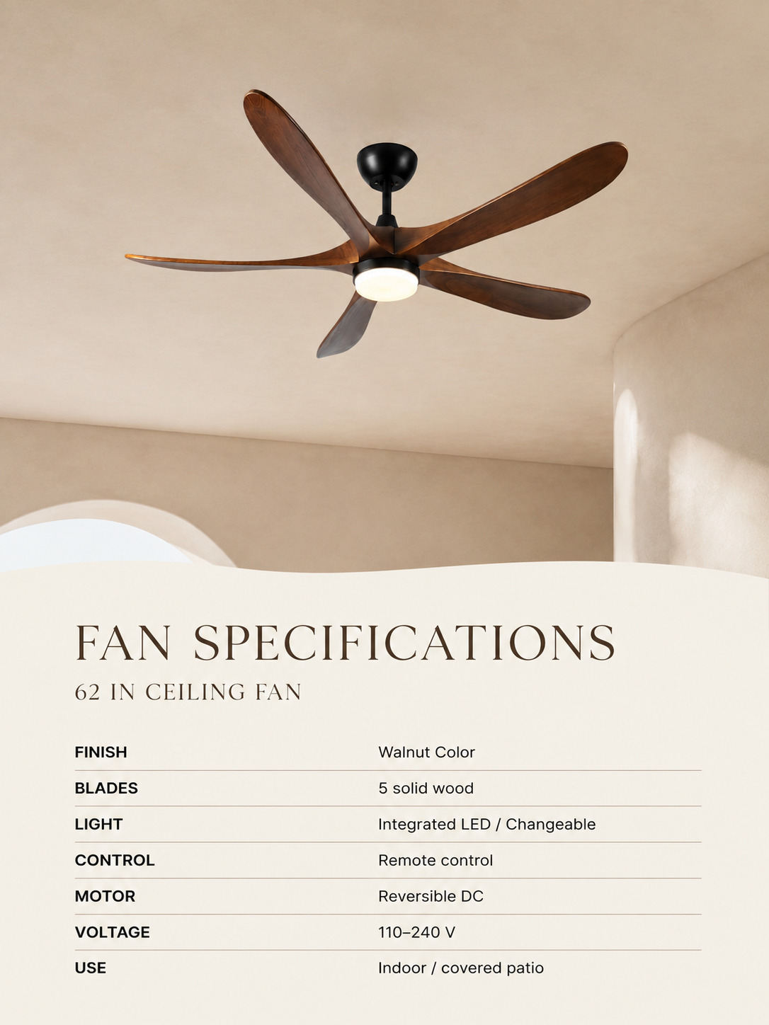 Fan Specifications — Walnut Color 62-inch five-blade ceiling fan