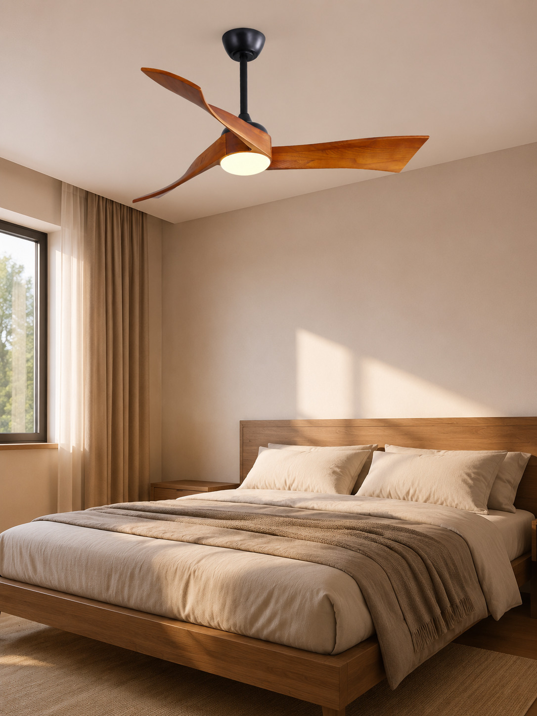 Walnut Color ceiling fan in a warm daylight bedroom