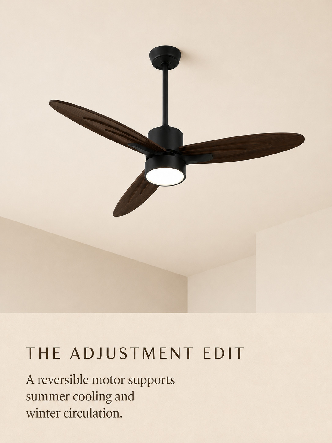 Reversible motor feature on Walnut Color fan