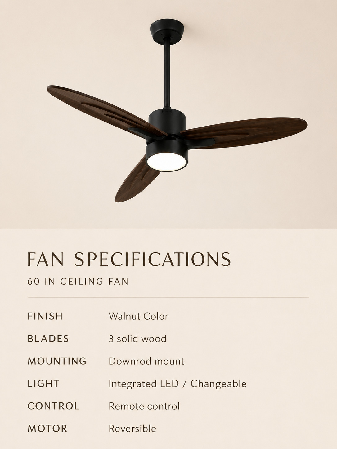 60 inch Walnut Color ceiling fan specifications