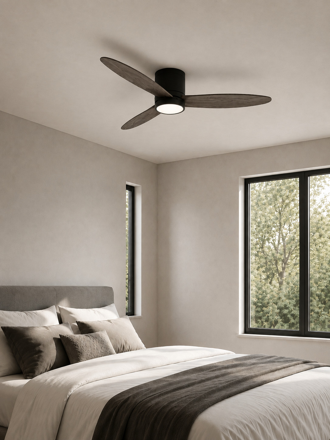 Gray flush mount ceiling fan in a quiet bedroom