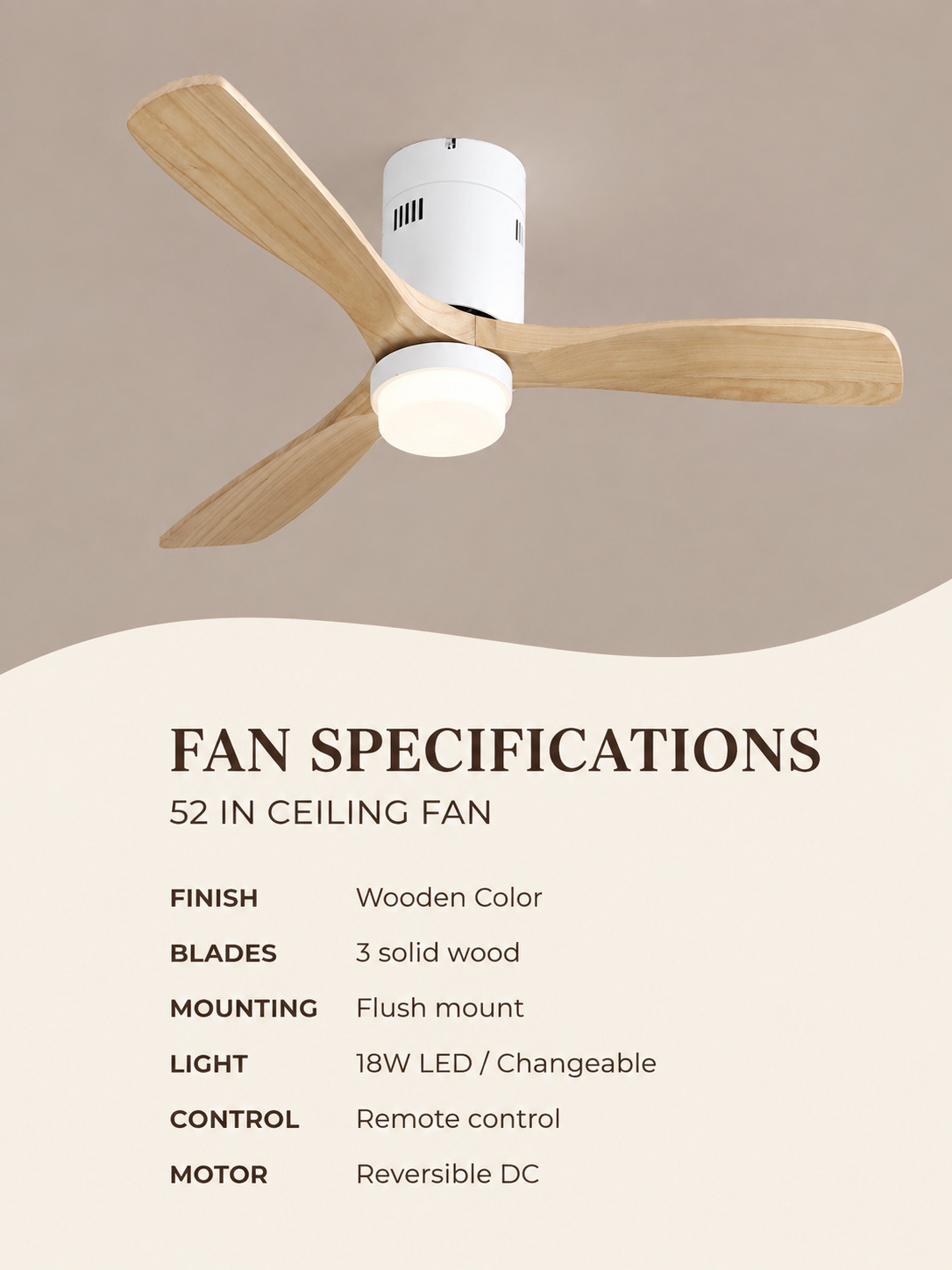 52 inch Wooden Color flush fan specifications