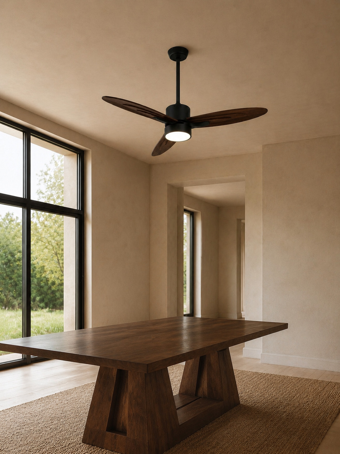 Walnut Color downrod ceiling fan above a dining table