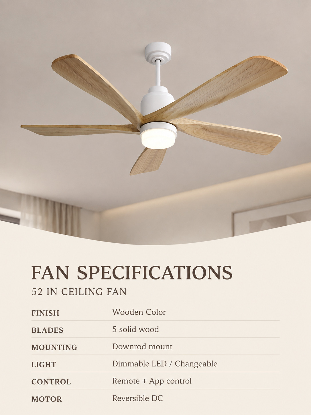 52 inch five blade Wooden Color fan specifications