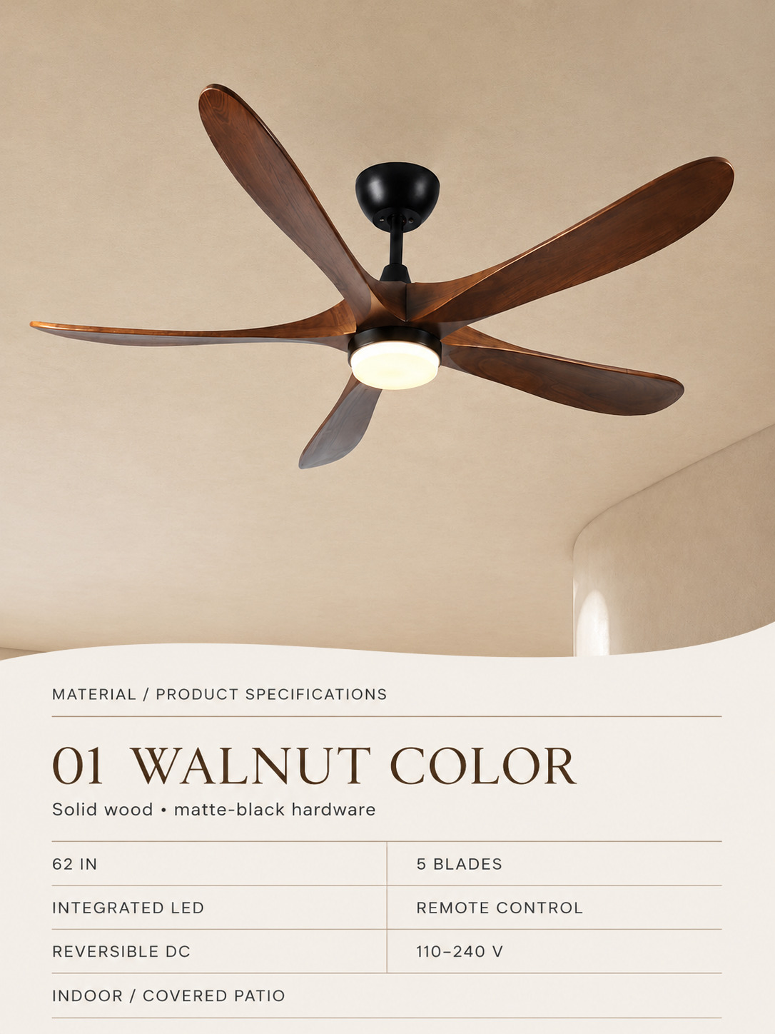 Walnut Color — 62-inch five-blade material and product specifications