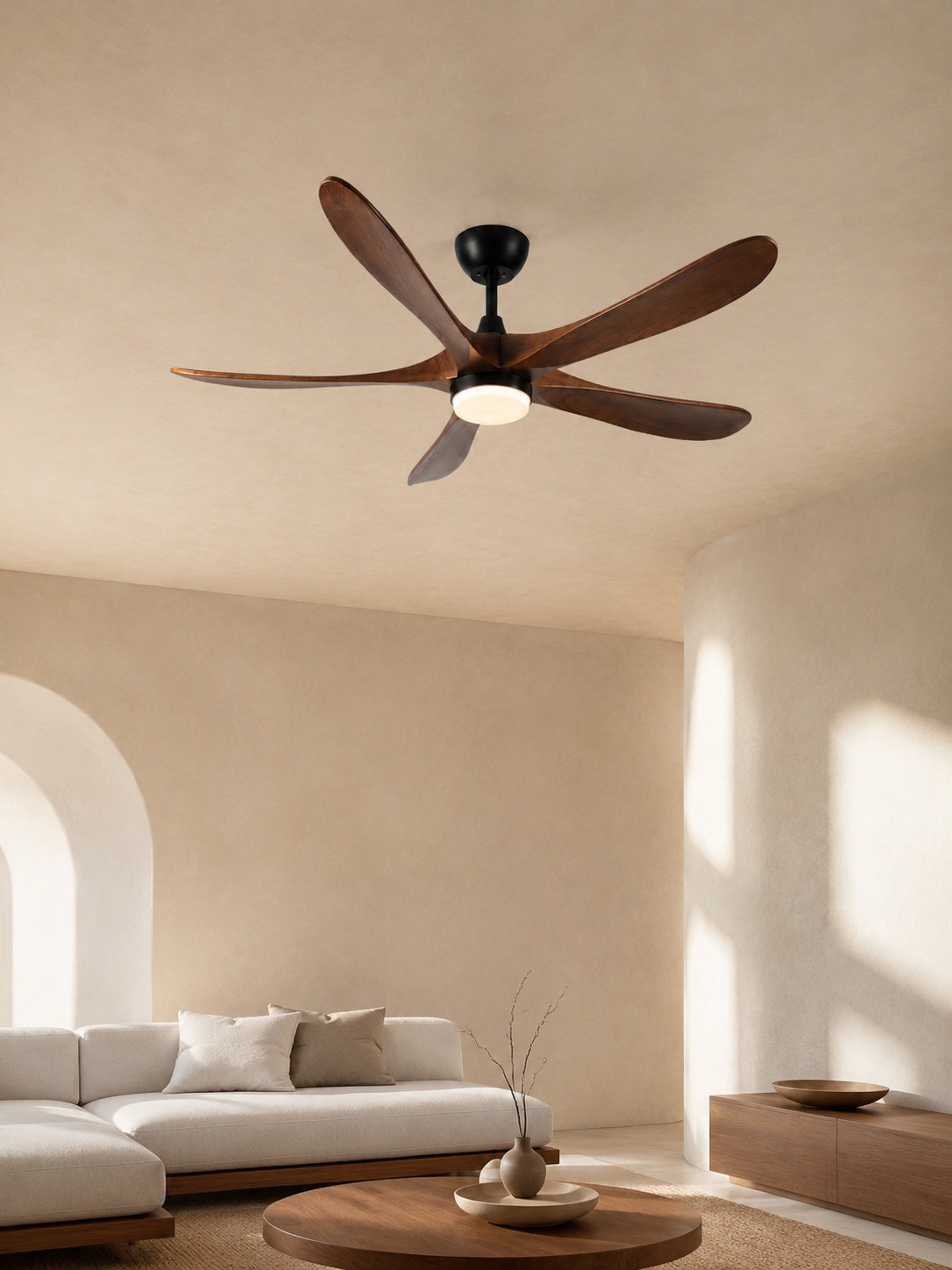 Walnut Color 62-inch five-blade ceiling fan in a warm neutral living room