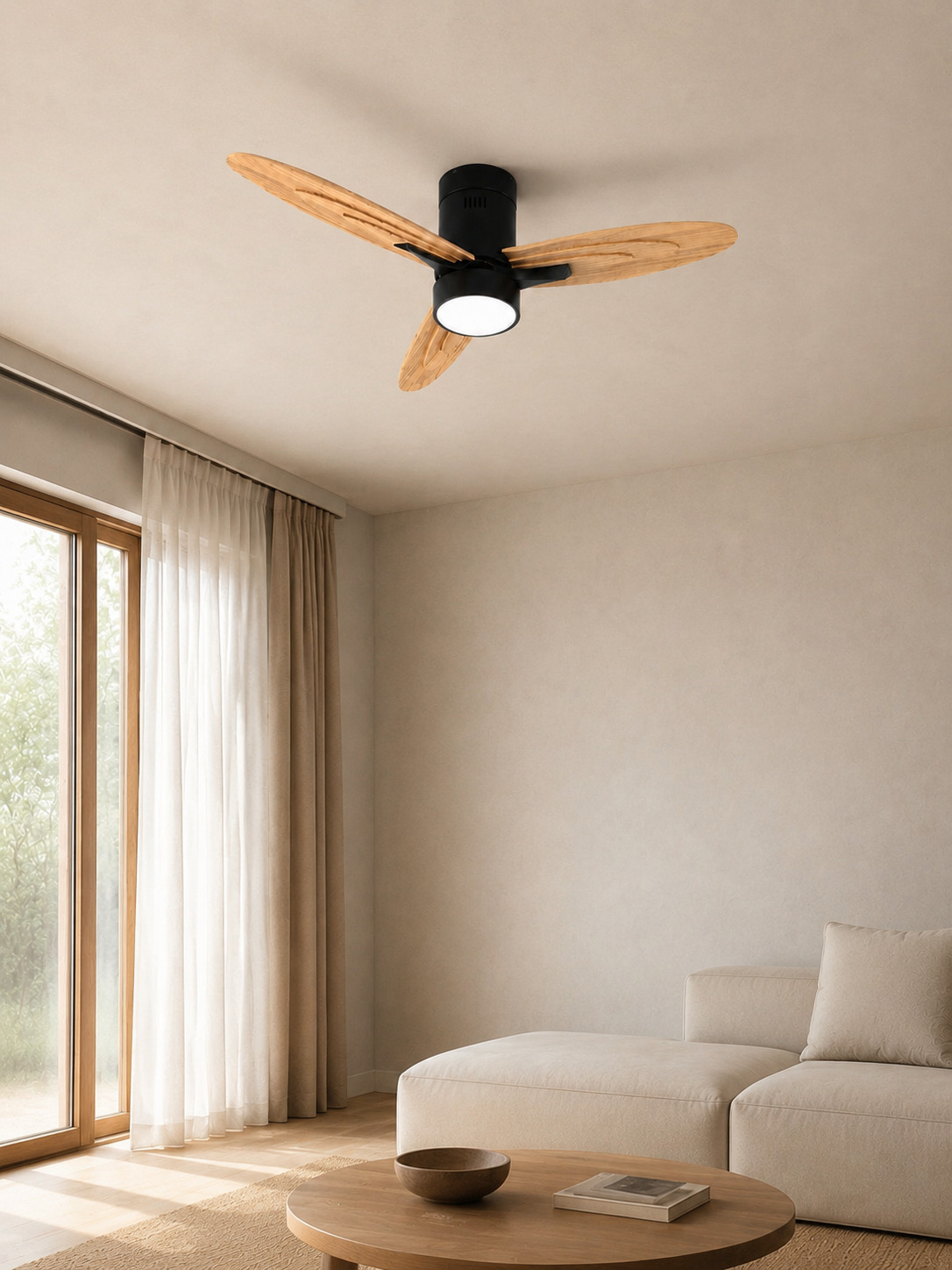 Wooden Color black flush mount fan in a warm living room