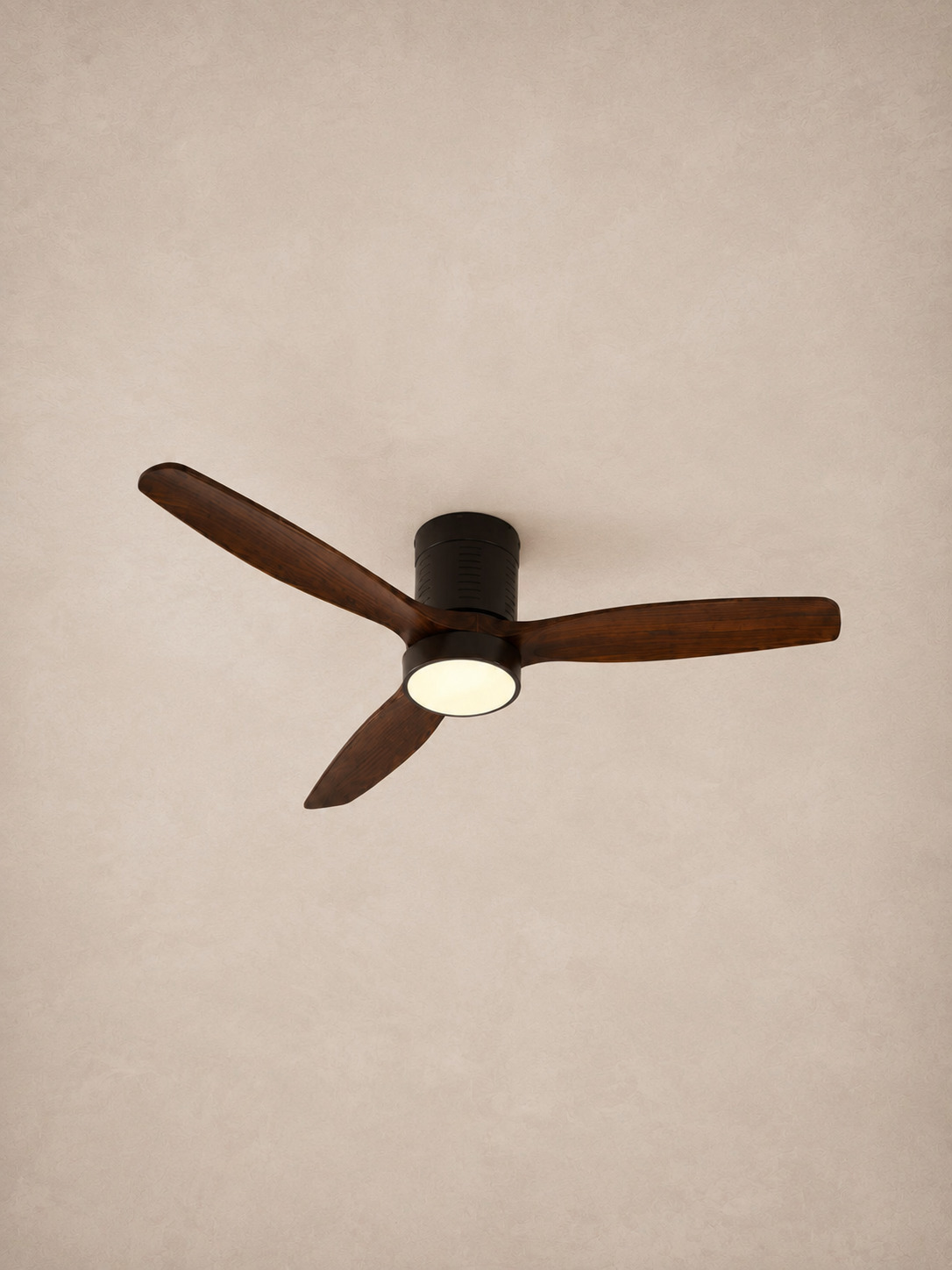Walnut Color flush mount ceiling fan centered on pale ivory