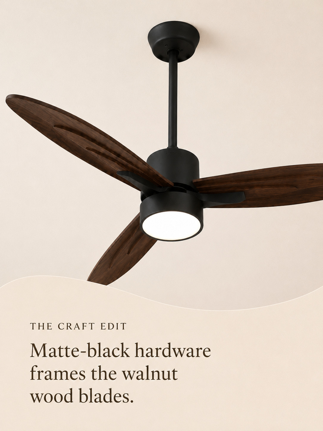 Matte black downrod hardware and walnut blade joint