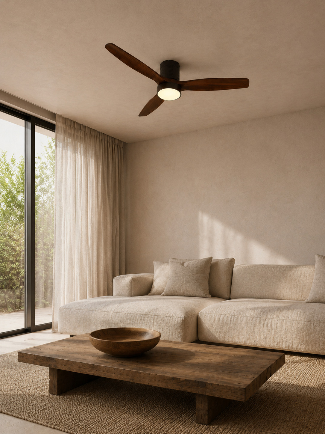 Walnut Color flush mount ceiling fan in a warm living room