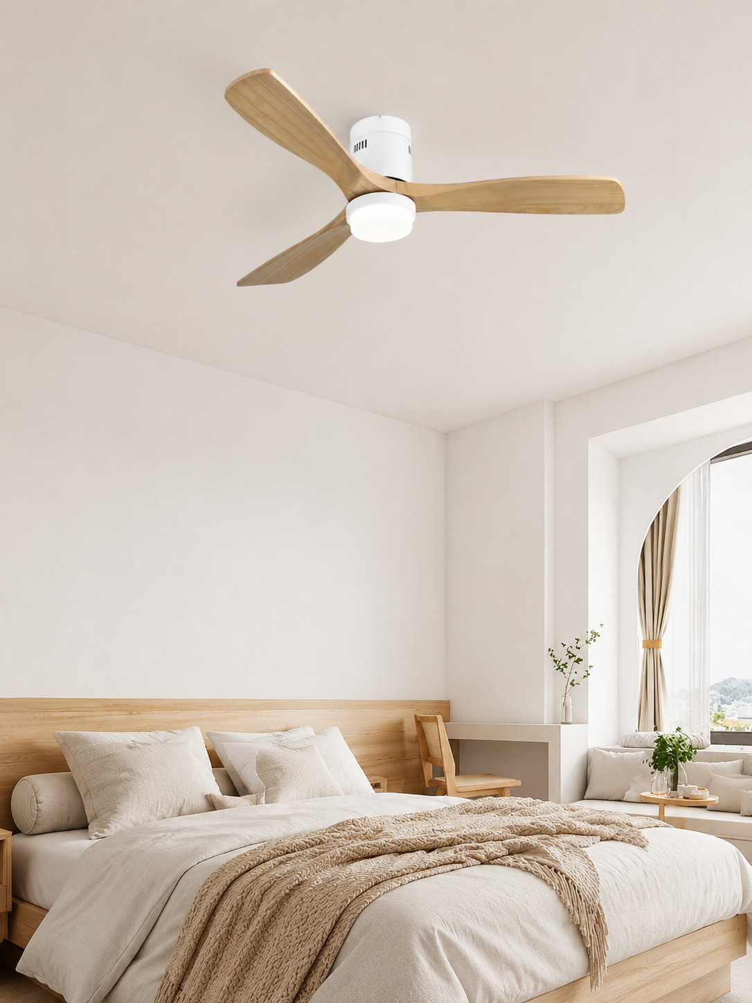 Wooden Color flush ceiling fan in a bright bedroom
