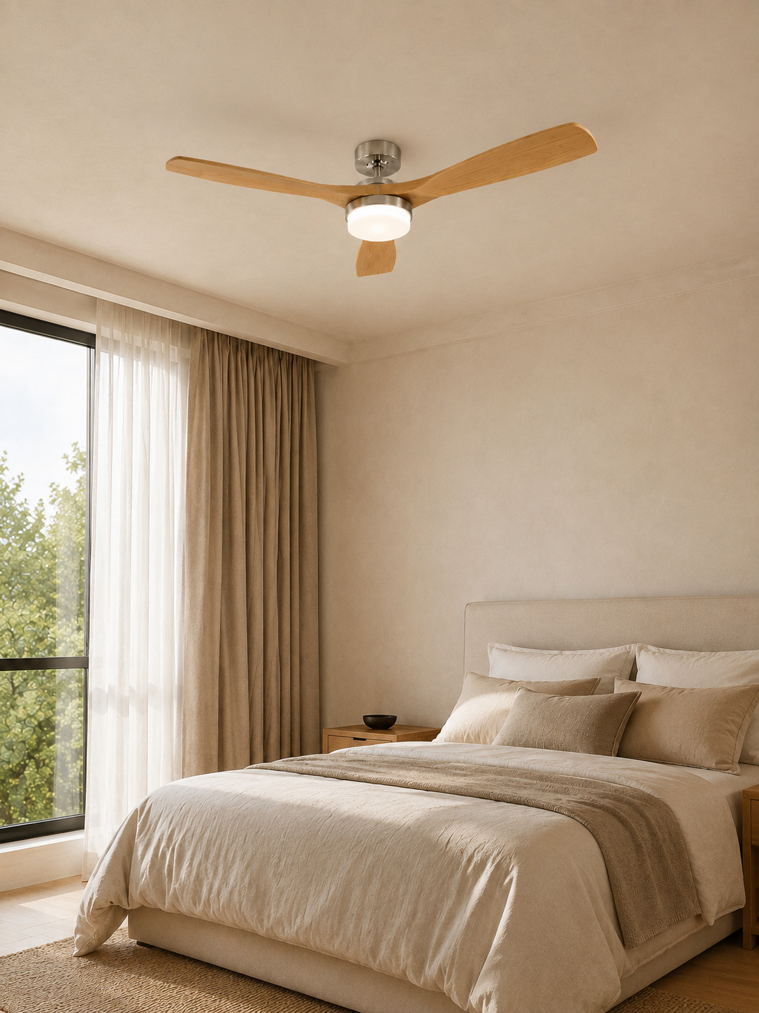 Wooden Color ceiling fan in a quiet bedroom
