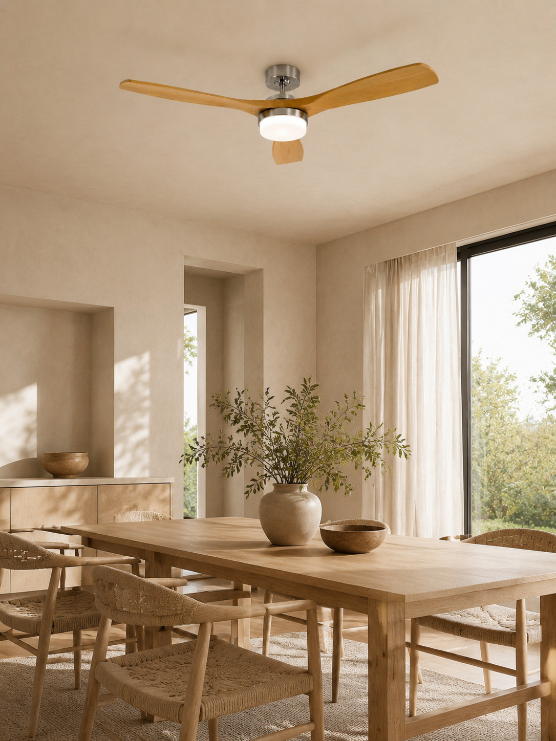 Wooden Color three-blade ceiling fan above a dining setting