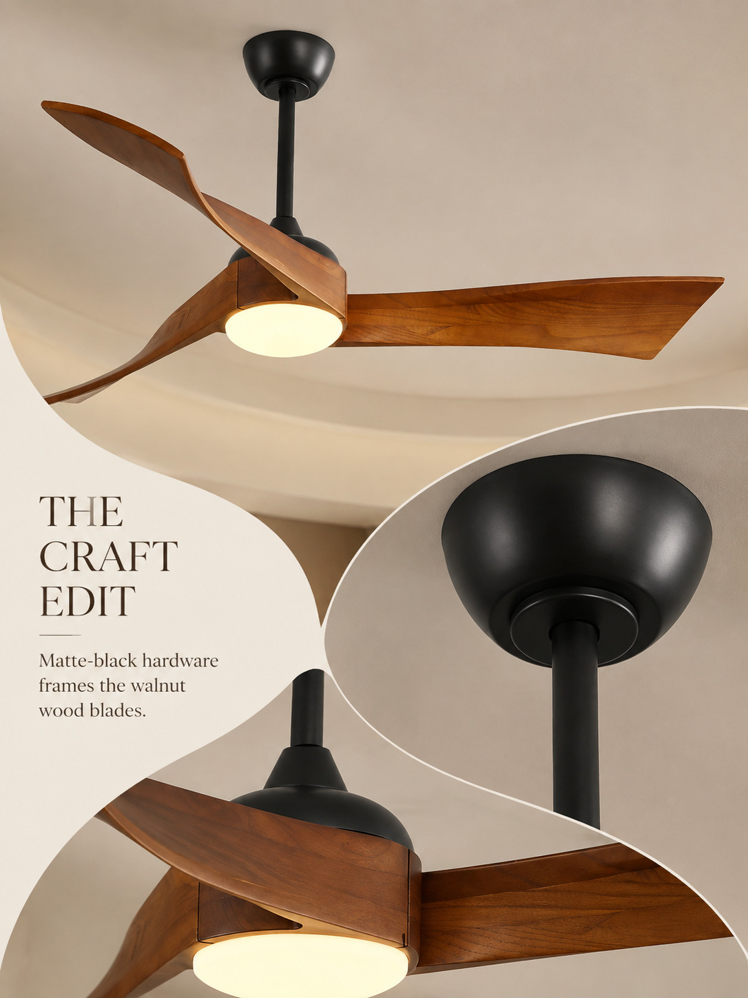 Matte-black canopy and walnut blade construction detail