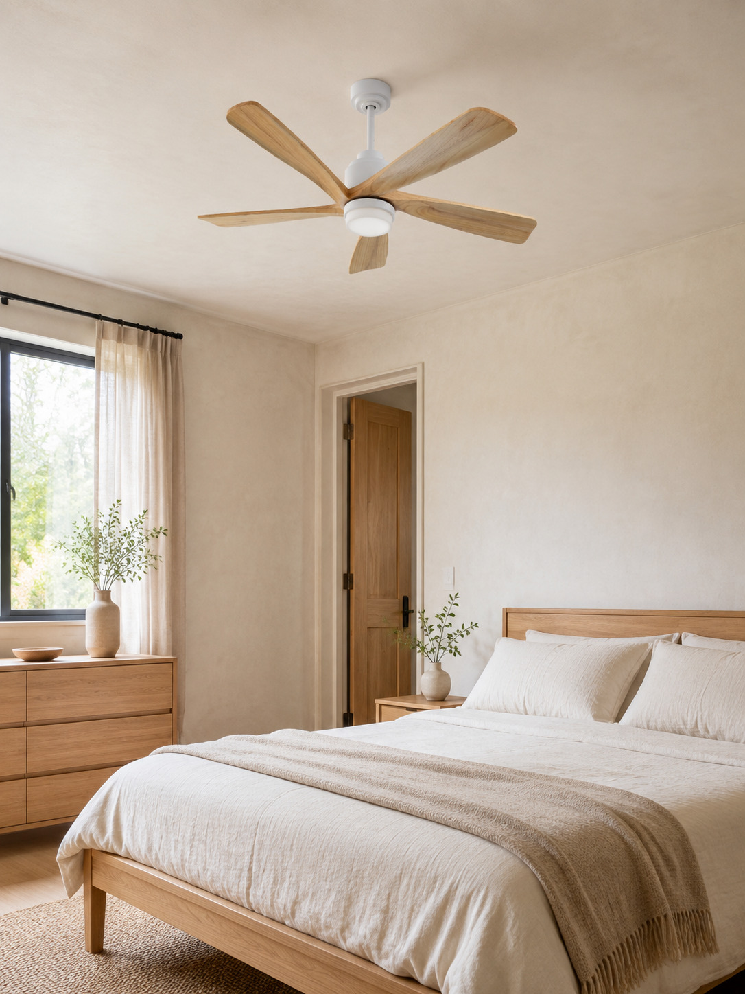 Wooden Color five-blade fan in a warm bedroom