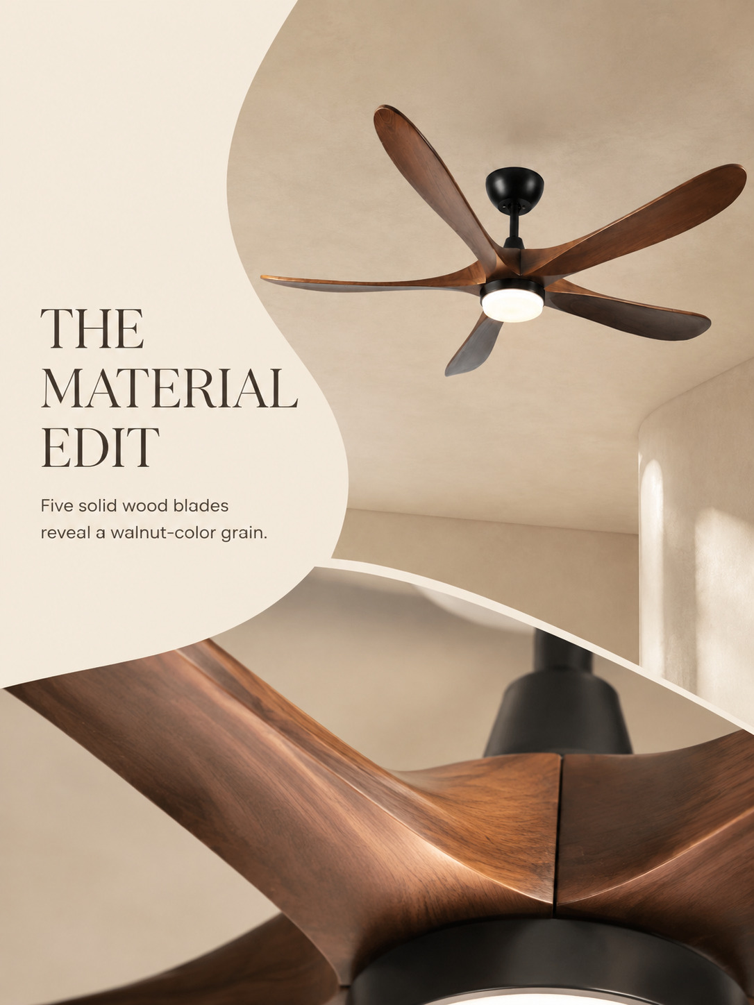 The Material Edit — walnut-color solid wood blade grain and hardware transition
