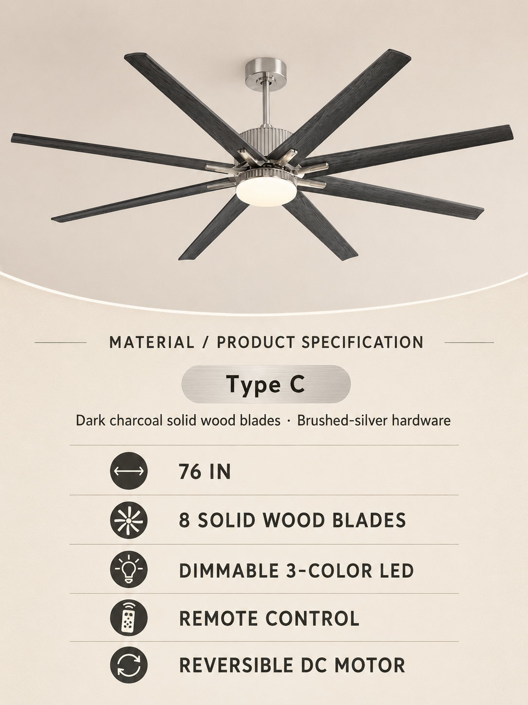 Type C ceiling fan material and product specification card