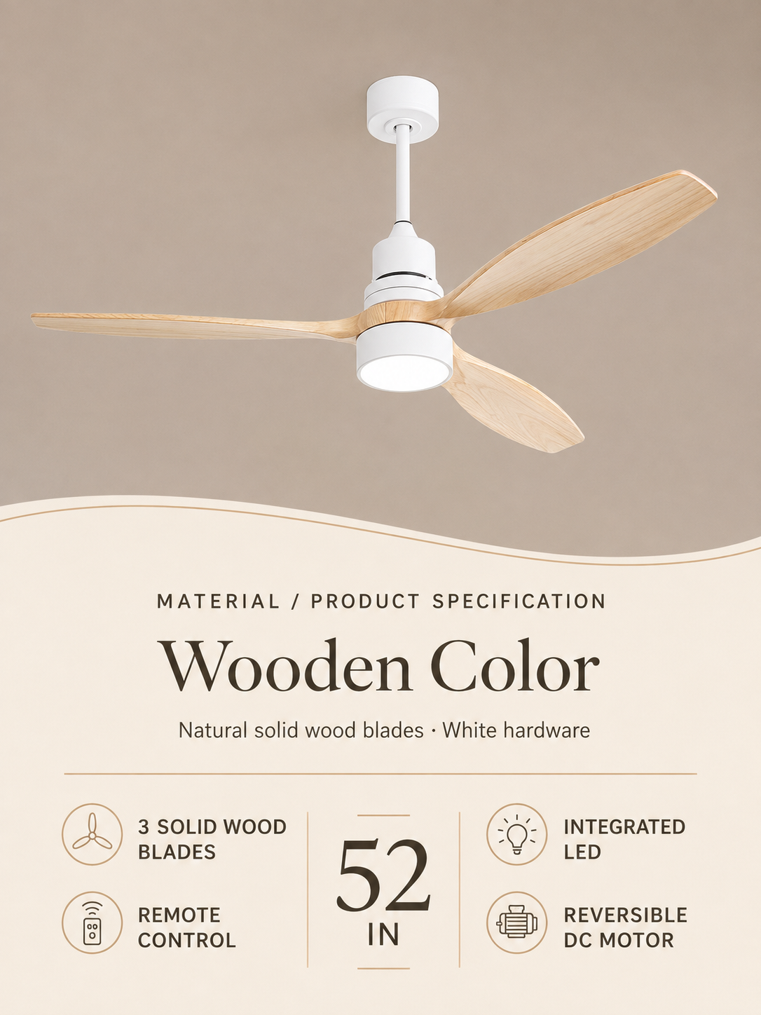 Wooden Color ceiling fan material and product specification card