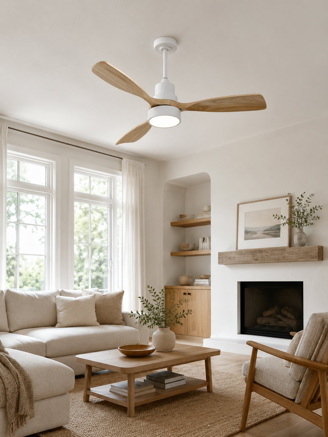 White + Natural Wood ceiling fan in a bright interior