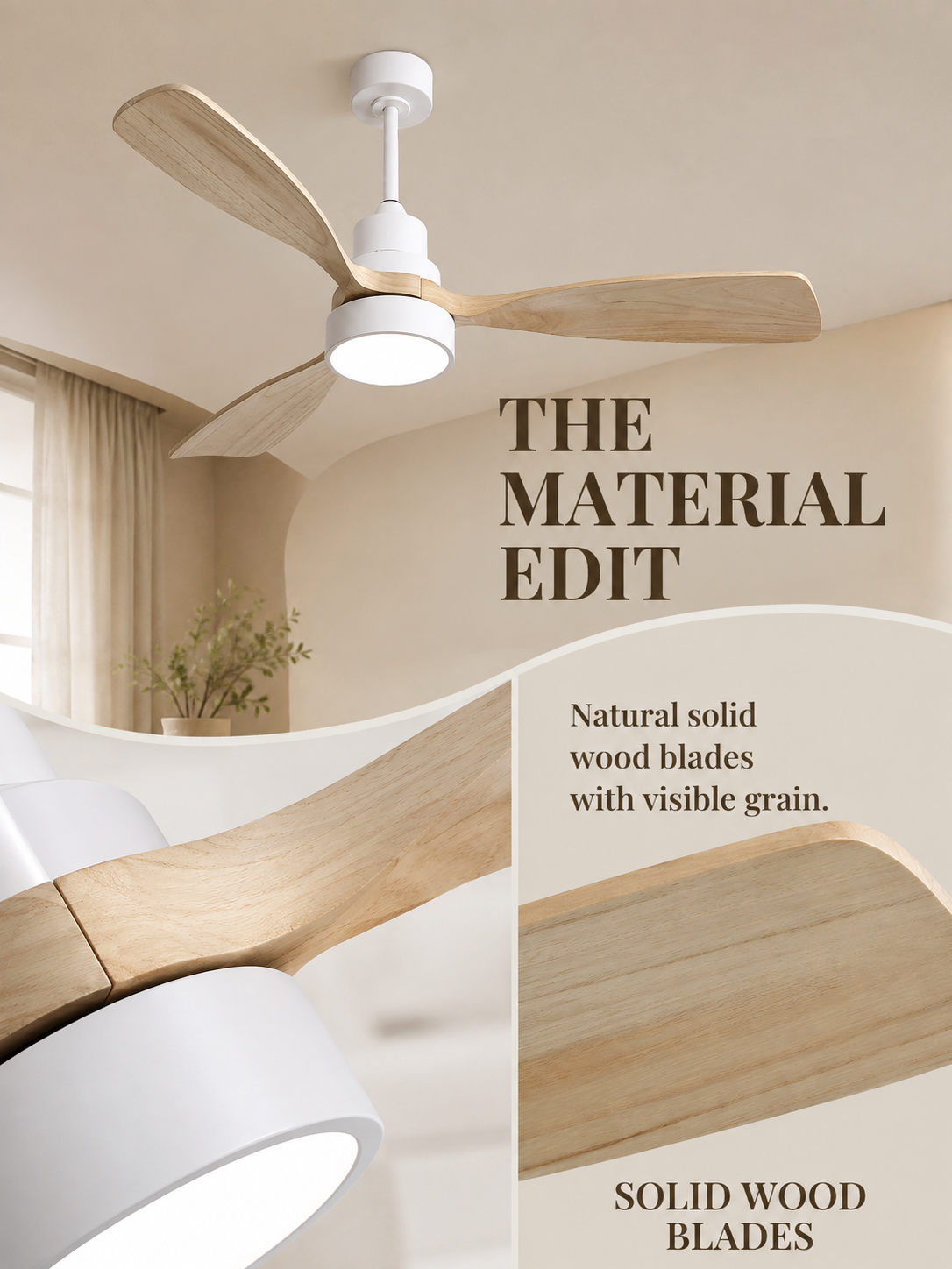 The Material Edit for White + Natural Wood ceiling fan