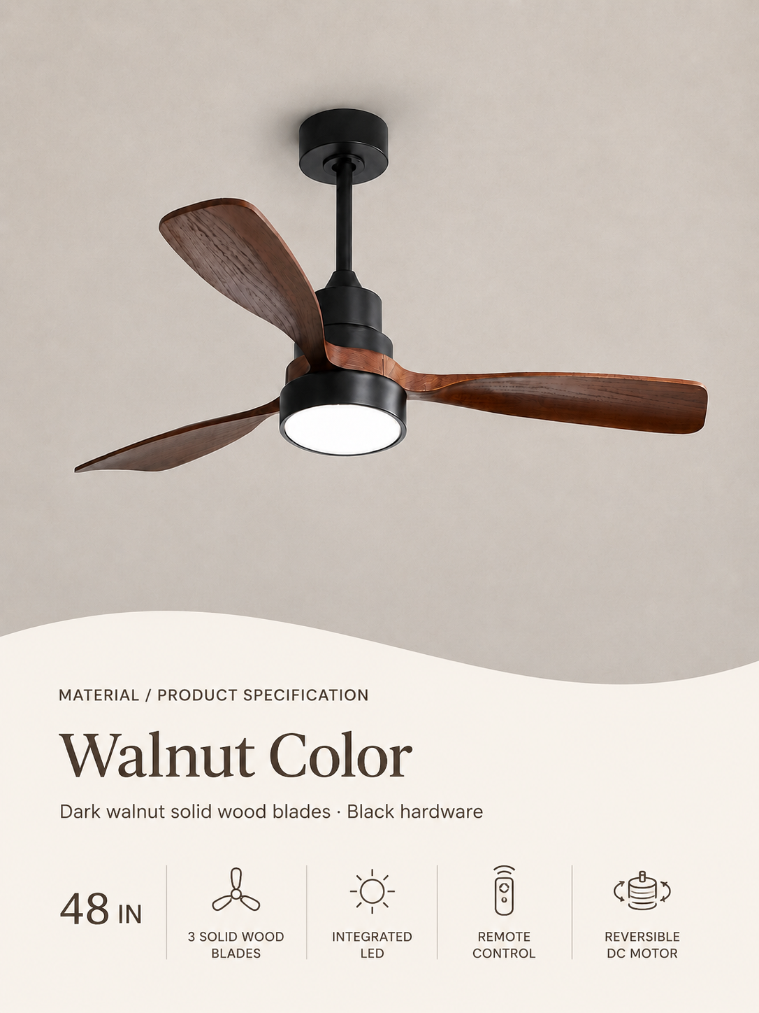 Walnut Color ceiling fan material and product specification card