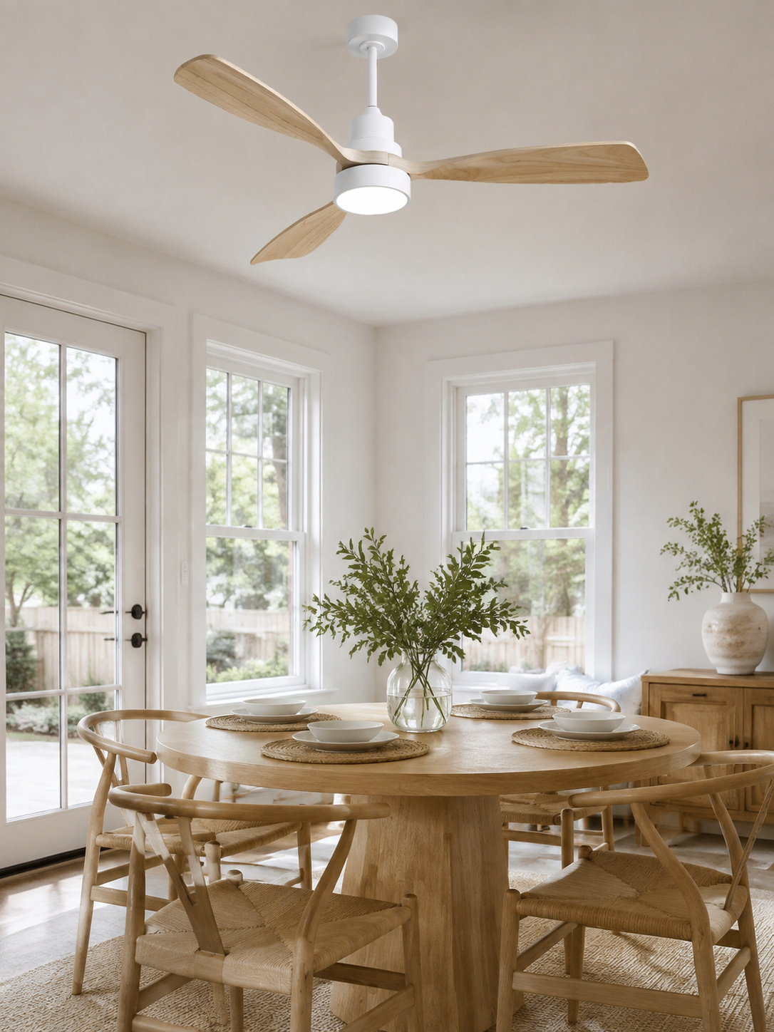 White + Natural Wood ceiling fan in a second interior setting