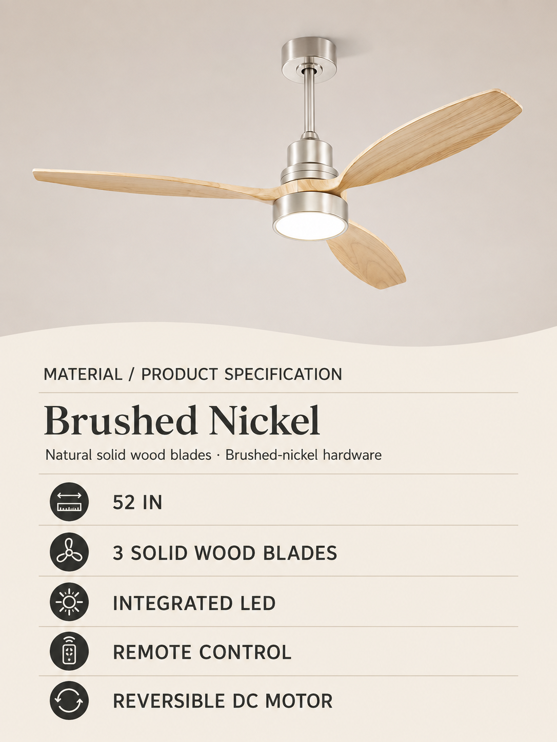 Brushed Nickel ceiling fan material and product specification card