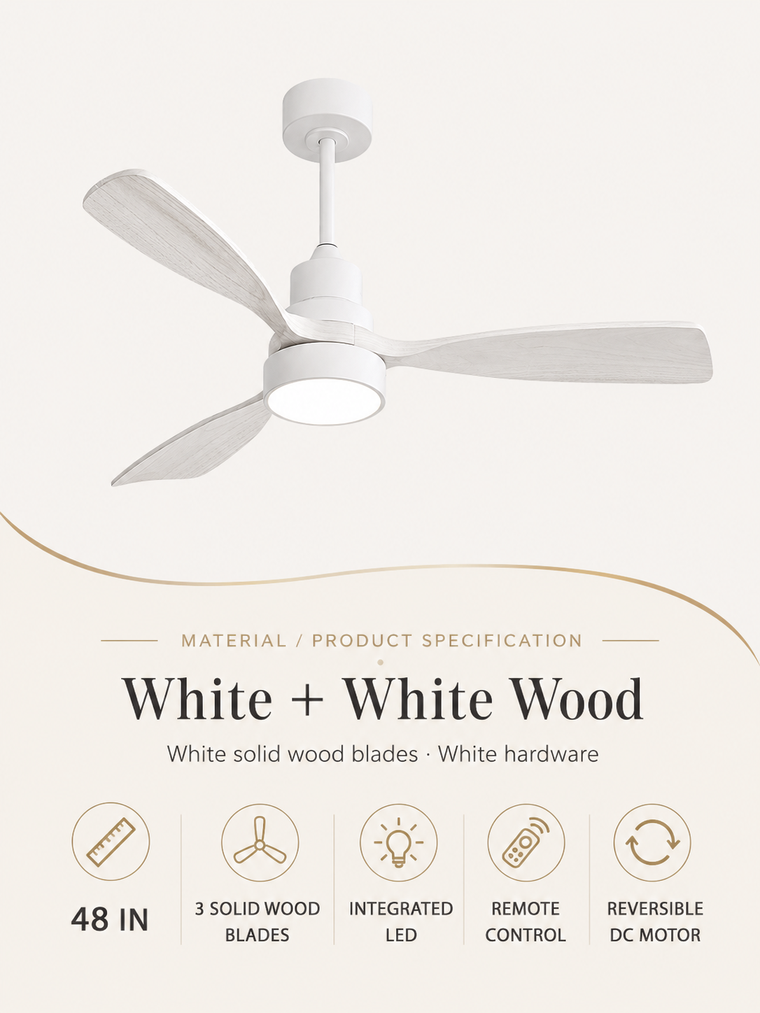 White + White Wood ceiling fan material and product specification card
