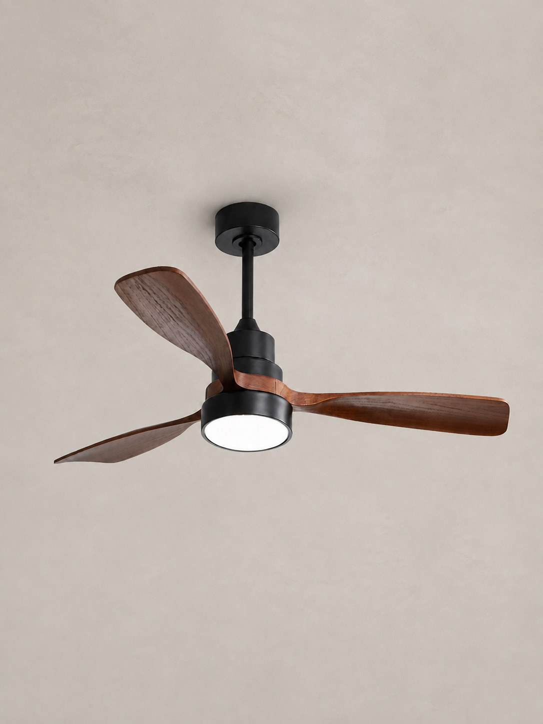 48-inch Walnut Color ceiling fan centered on a pale limewash ceiling
