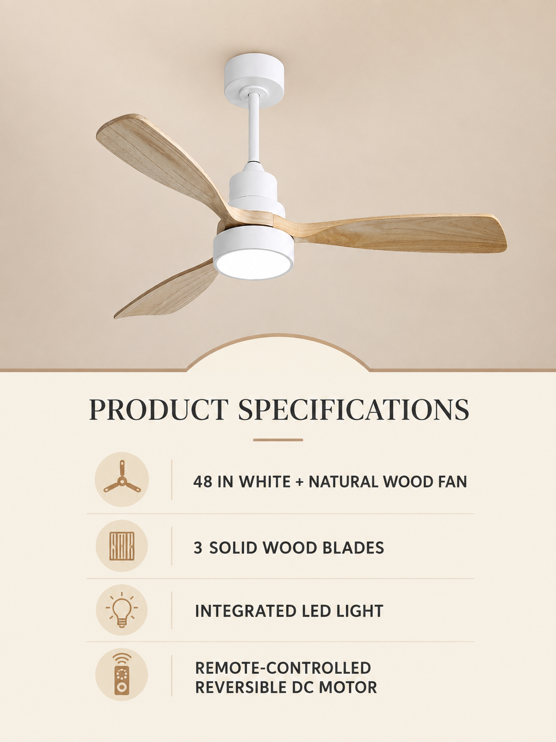 White + Natural Wood ceiling fan verified product specifications