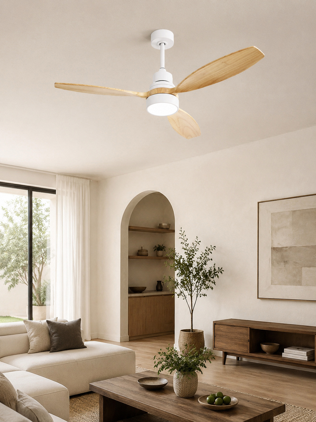 Wooden Color ceiling fan in a bright interior