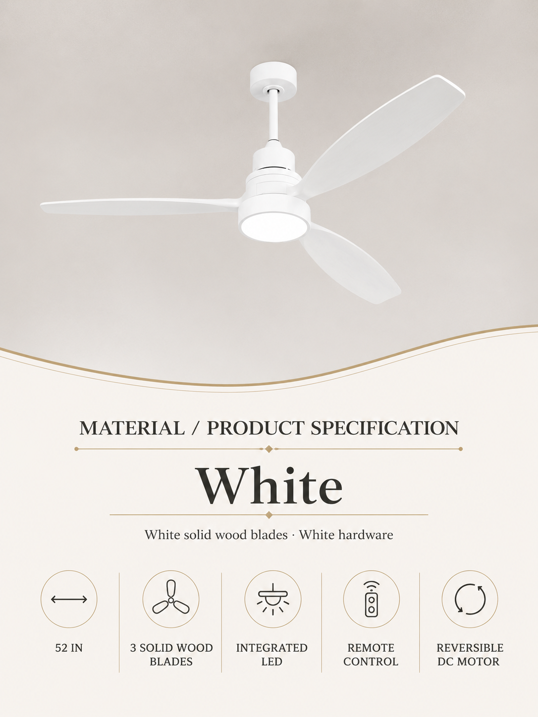 White ceiling fan material and product specification card