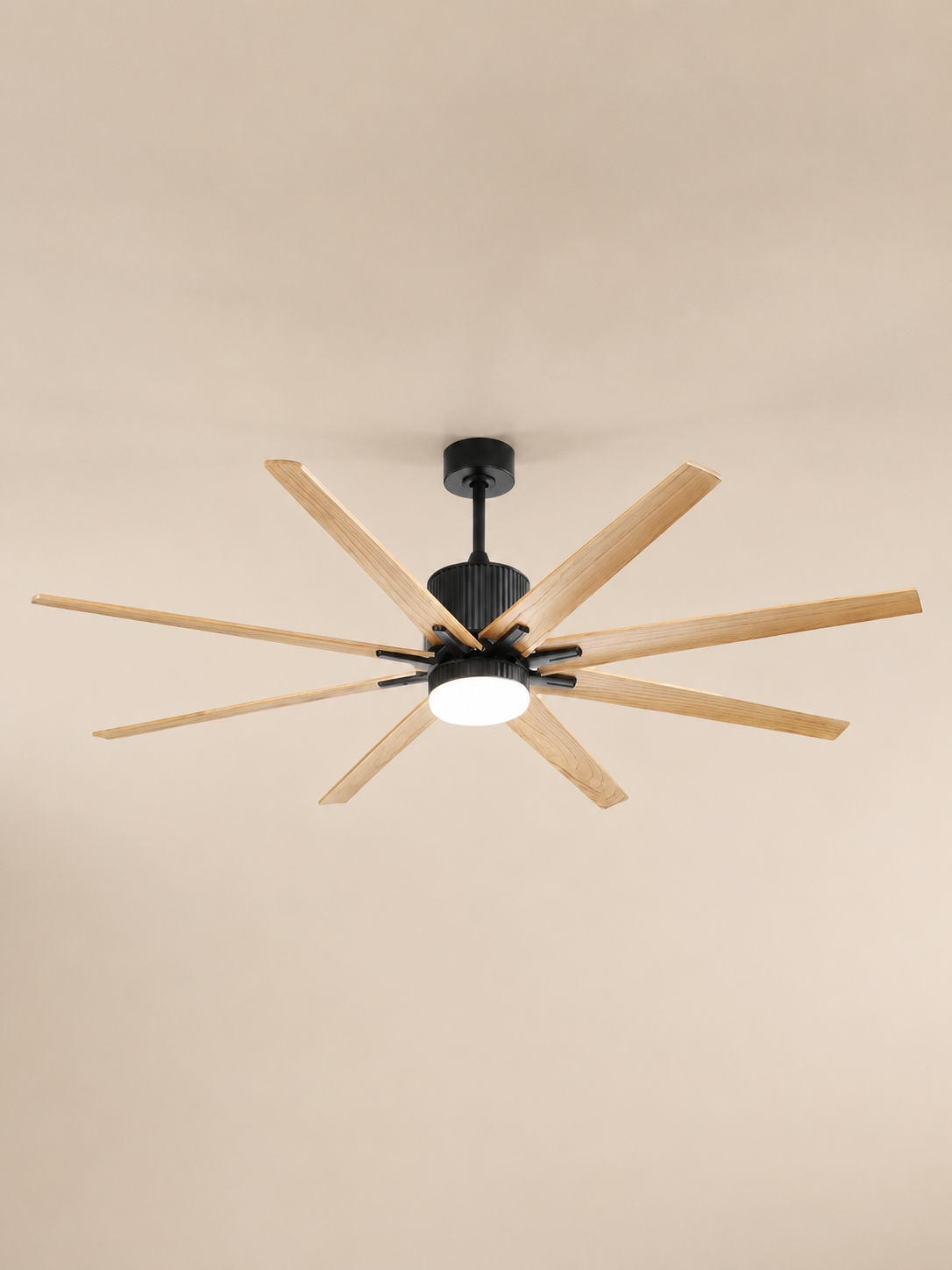 76-inch Type A ceiling fan centered on a pale limewash ceiling