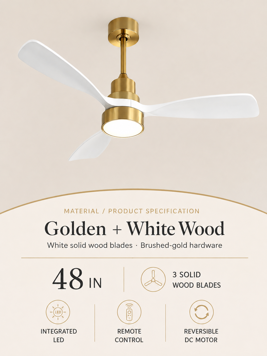 Golden + White Wood ceiling fan material and product specification card