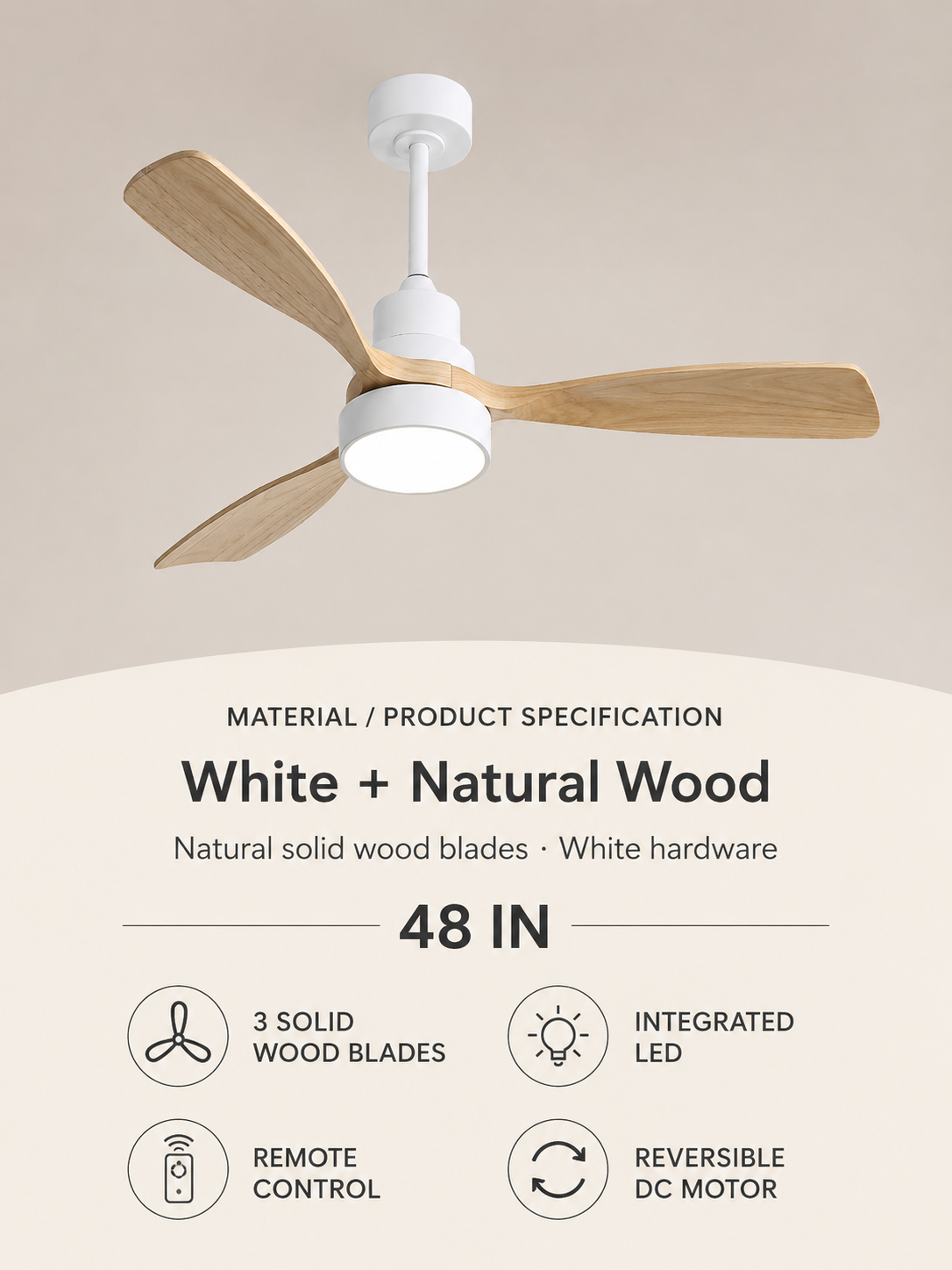 White + Natural Wood ceiling fan material and product specification card
