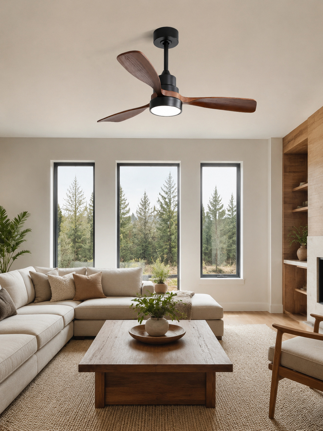 Walnut Color ceiling fan in a bright interior
