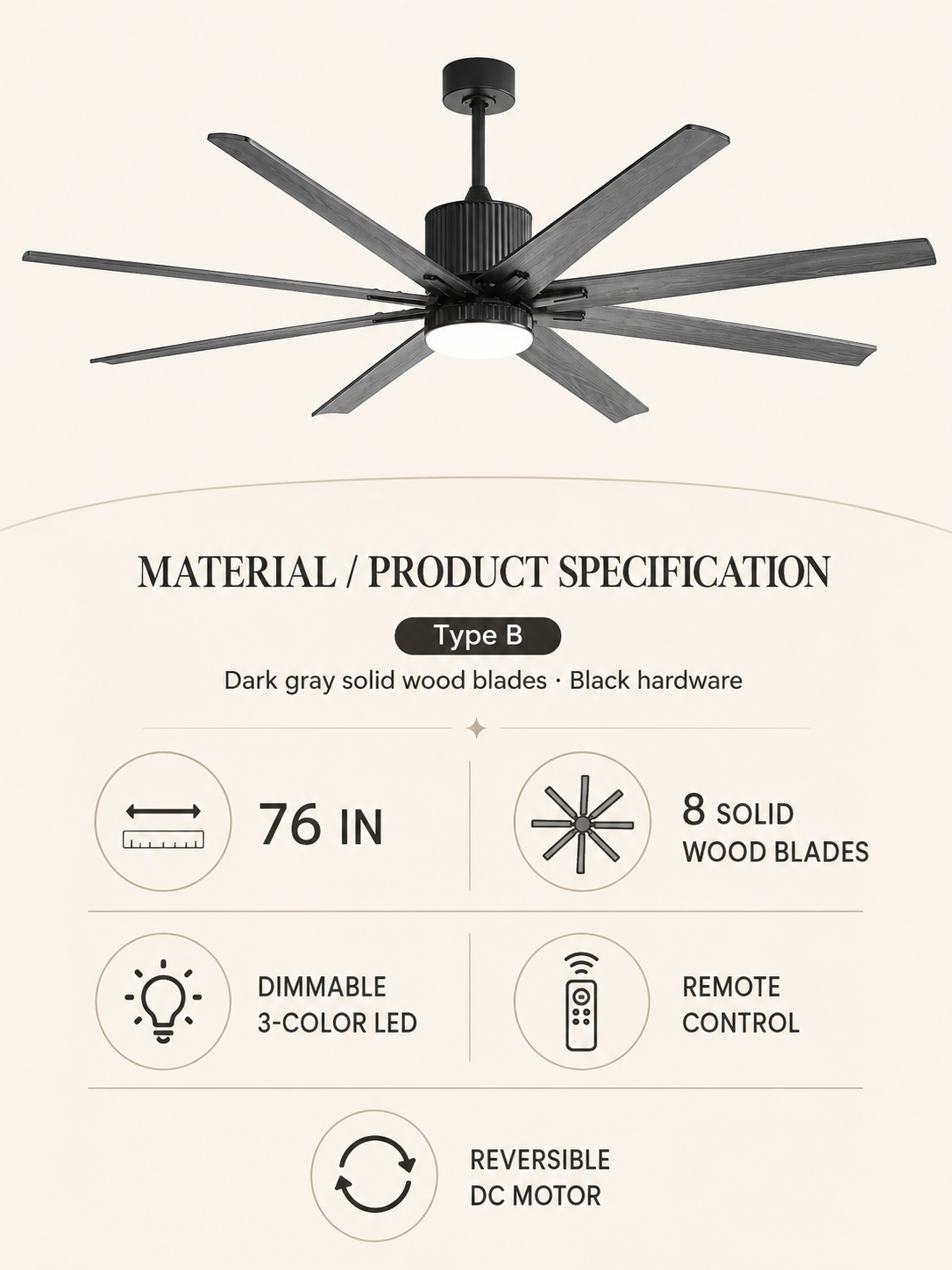 Type B ceiling fan material and product specification card