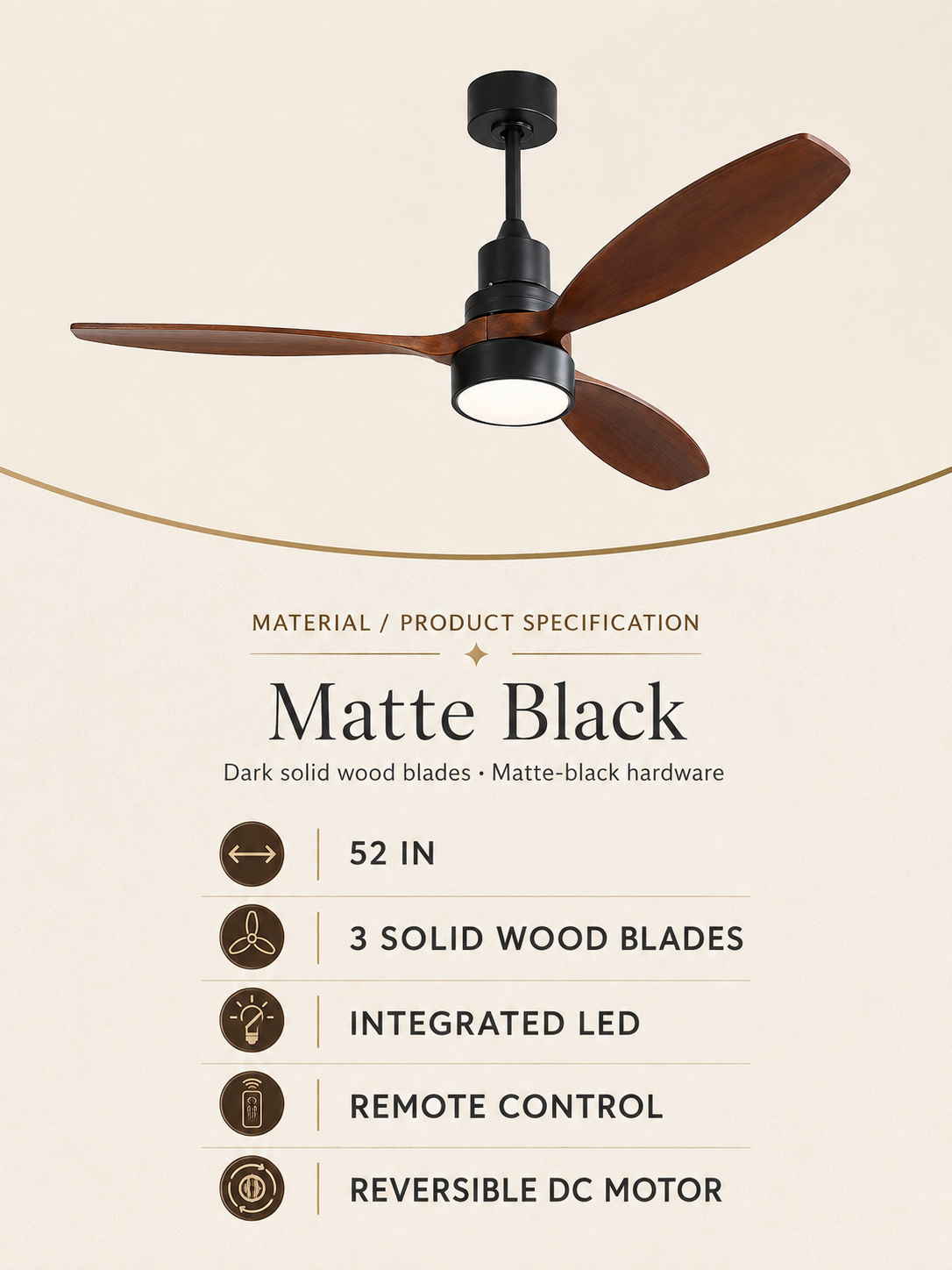 Matte Black ceiling fan material and product specification card
